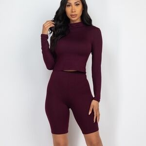 𝅺WINE Colored Mock Neck Top & Biker Shorts Set